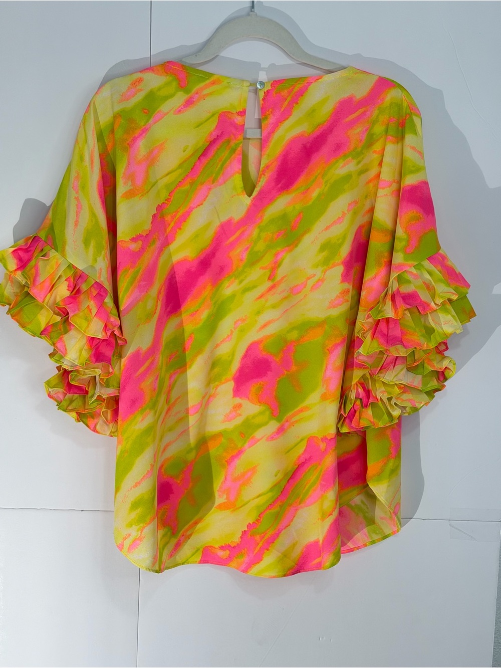 Violet & Claire Neon Pink and Lime Ruffle-Sleeve Blouse - Picture 3 of 7